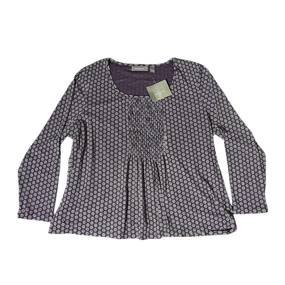 NWT Liz Claiborne Women's Long Sleeve Lined Top Purple Geometric Print Size 3X